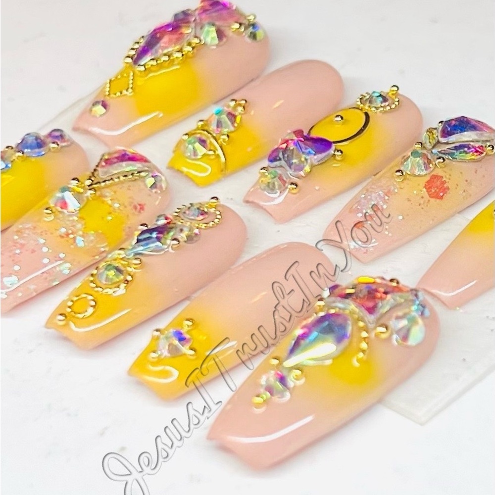 Vibrant Yellow and Pink Press-On Nails with Floral Accents Regular Ballerina